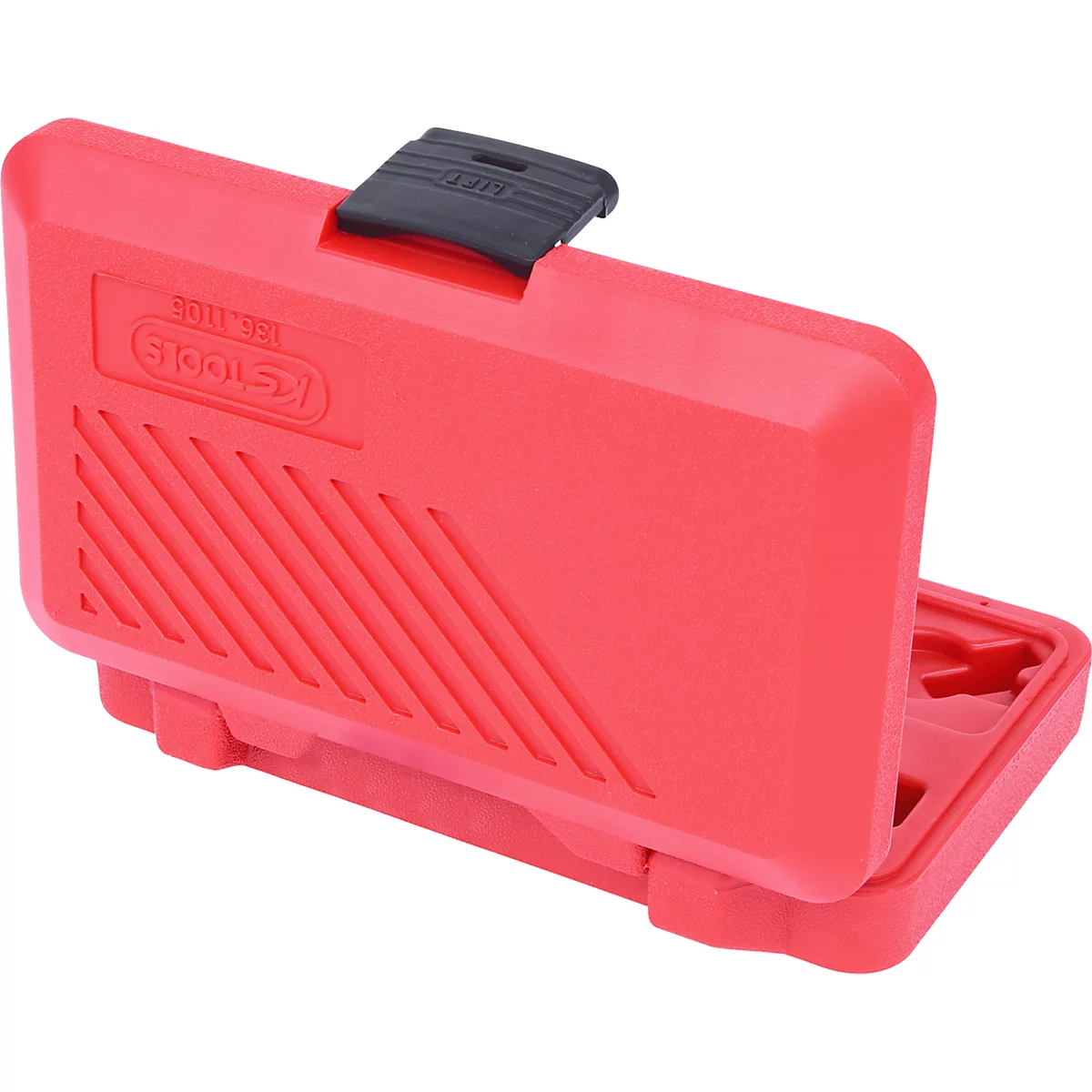 Offene, rote Werkzeugkiste mit schwarzem Verschluss. Auf der Kiste steht: KS TOOLS.